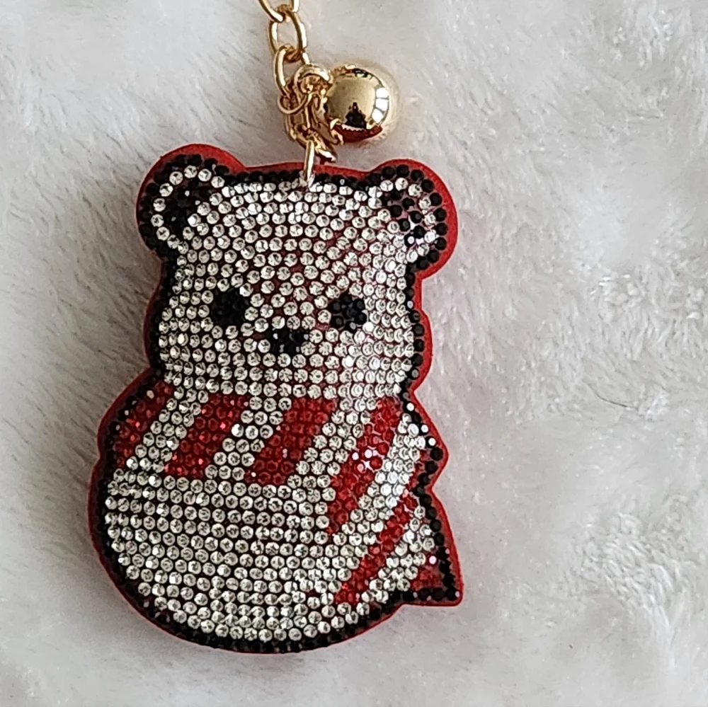 Cute Festive Christmas Bear Rhinestone Keychain with Red Tassel Bag Charm